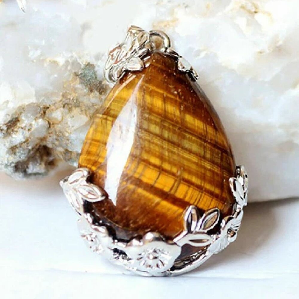 Natural Tiger Eye Stone Teardrop Gemstone Pendant Necklace SG-SG-0044